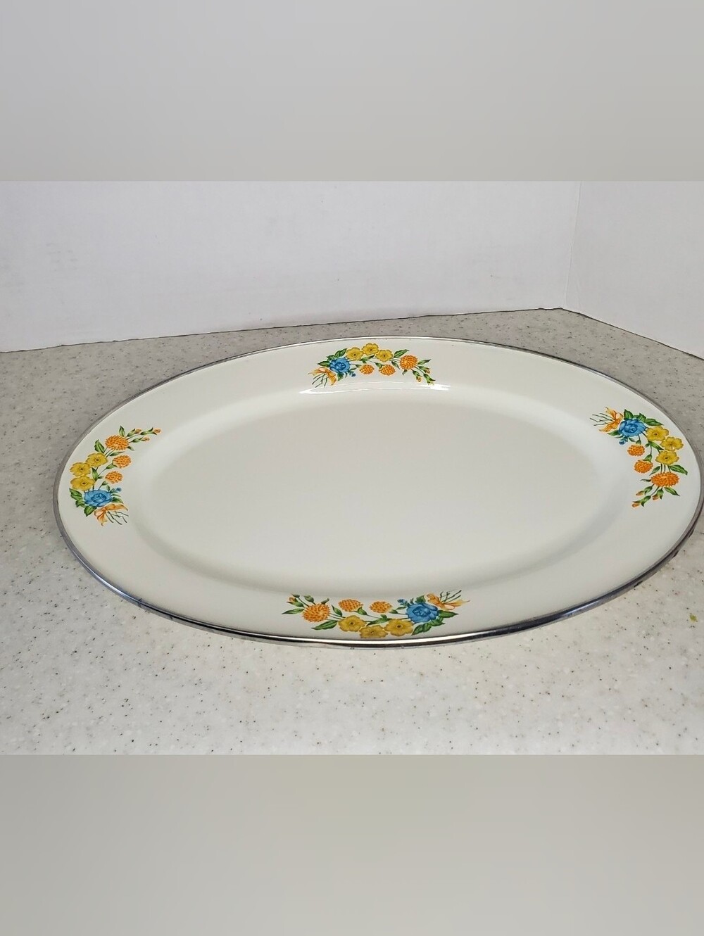 Vintage MCM Metal Floral Serving Platter Tray Blue Yellow Orange Flowers 13"